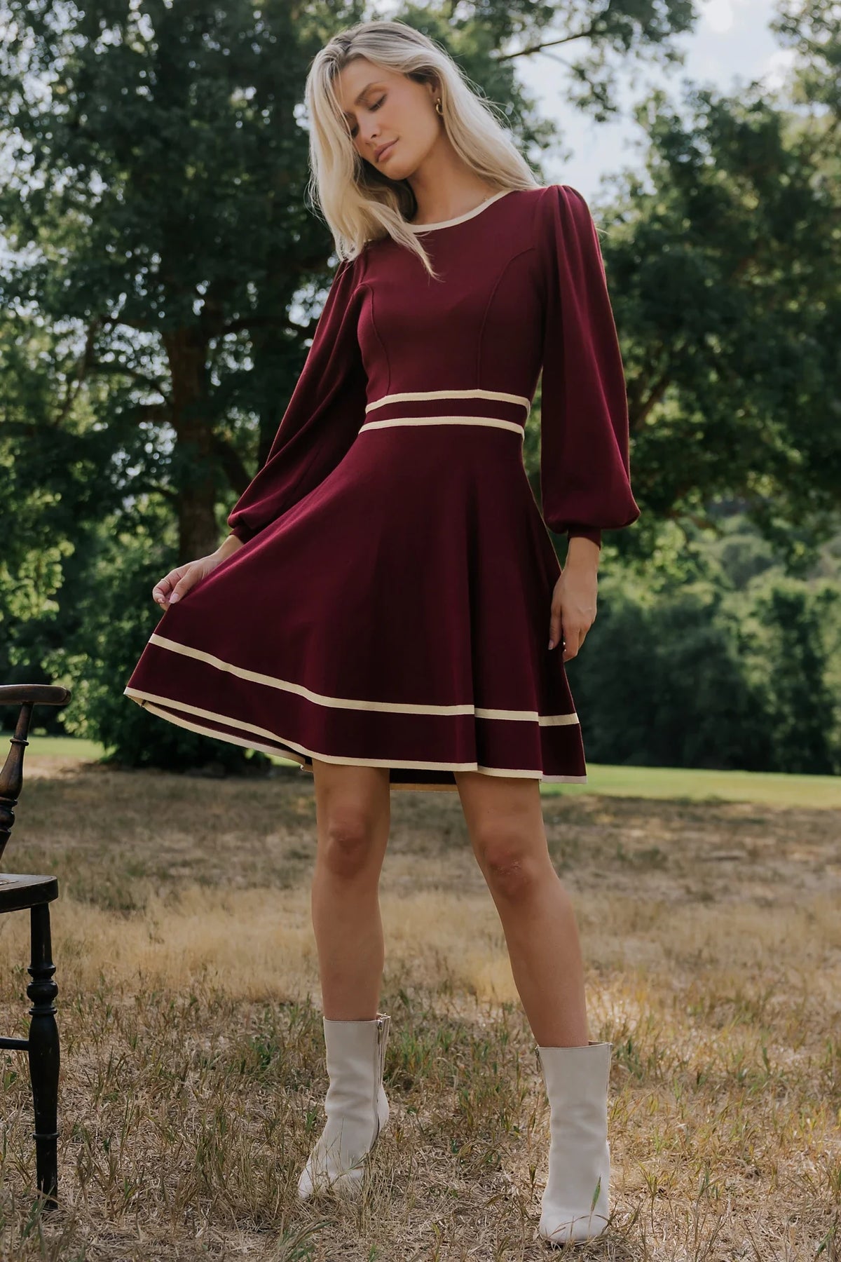 Ashley Knit Short Dress | Wine + Cream Main image