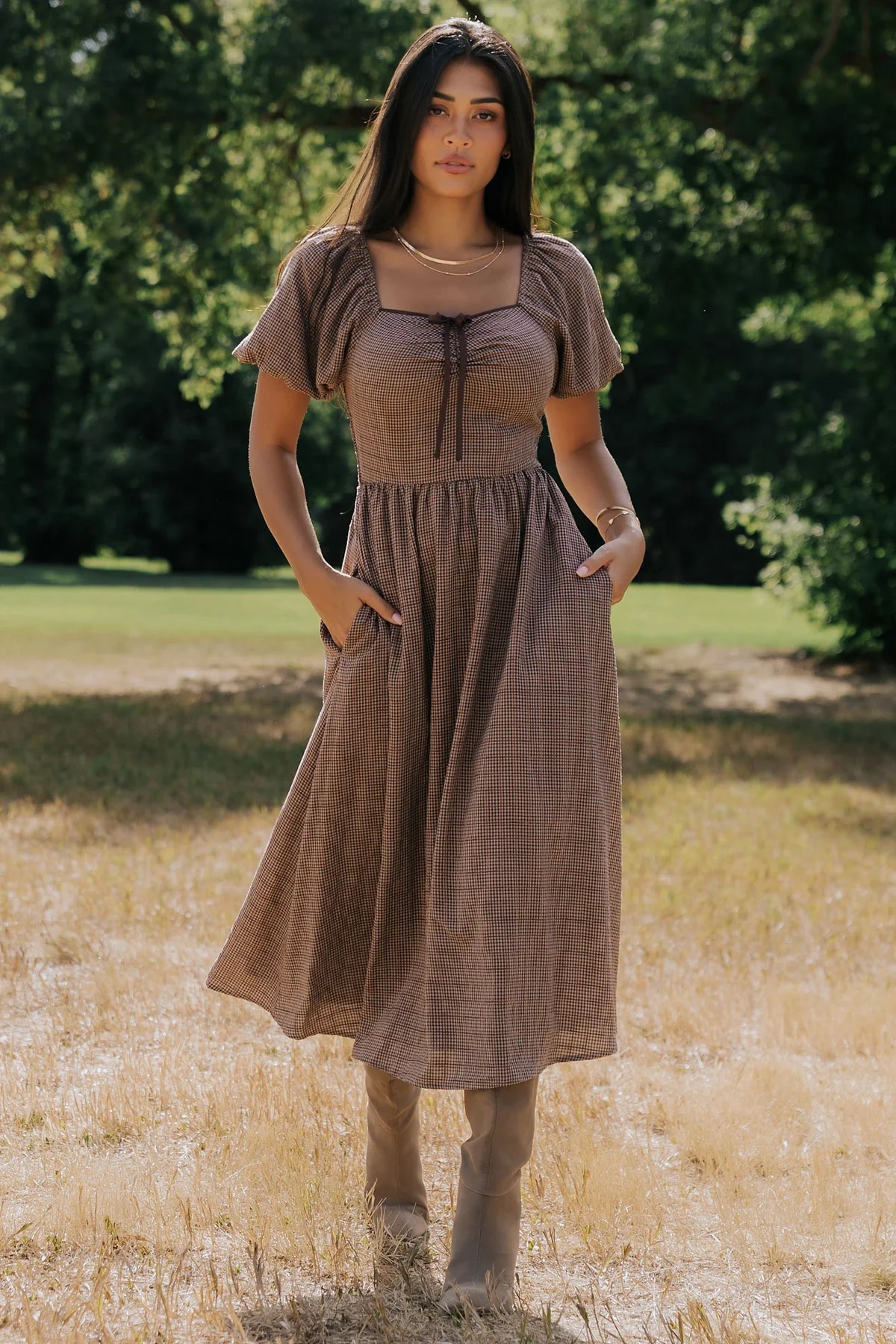 Teddy Gingham Midi Dress | Mocha Main image