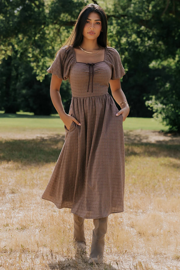 Teddy Gingham Midi Dress | Mocha