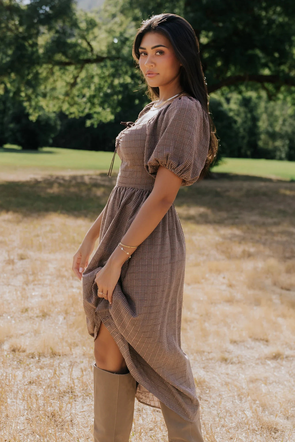 Teddy Gingham Midi Dress | Mocha