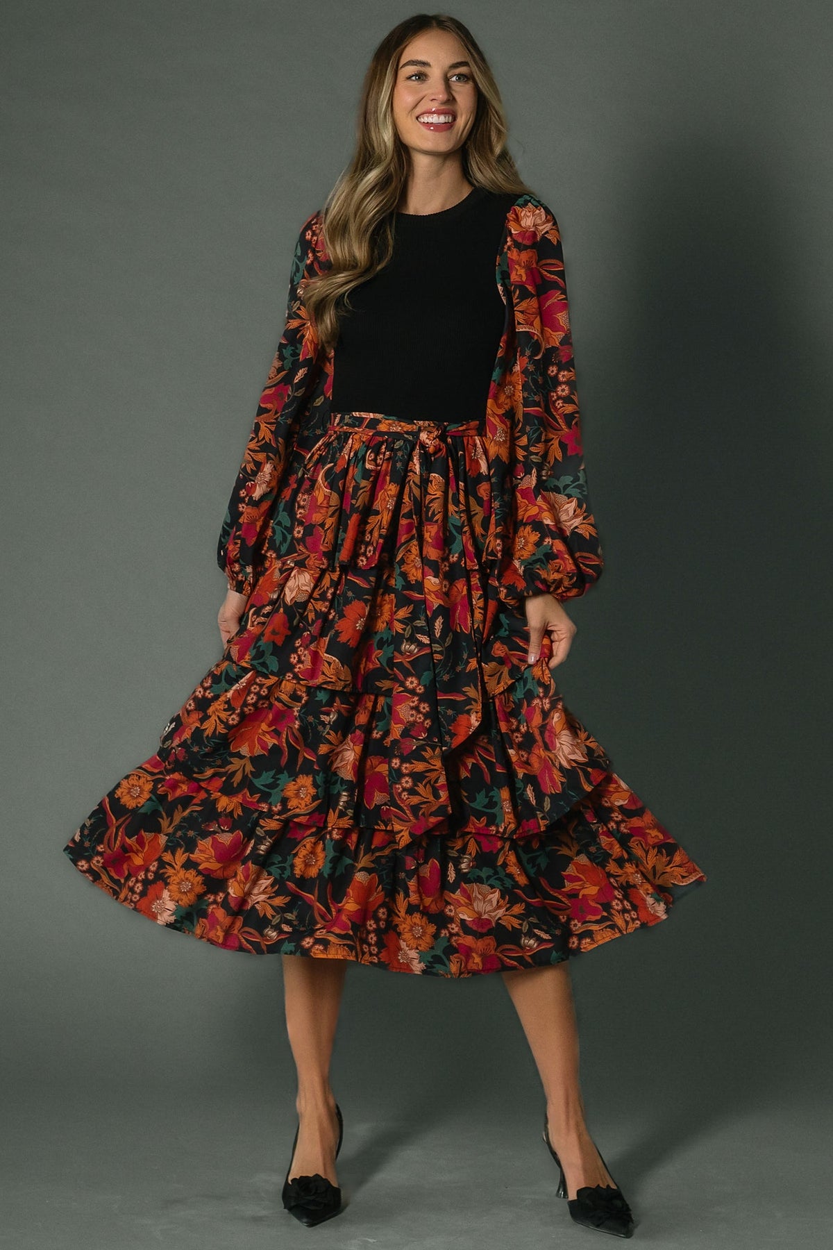 Sylvie Tiered Midi Dress | Black Multi