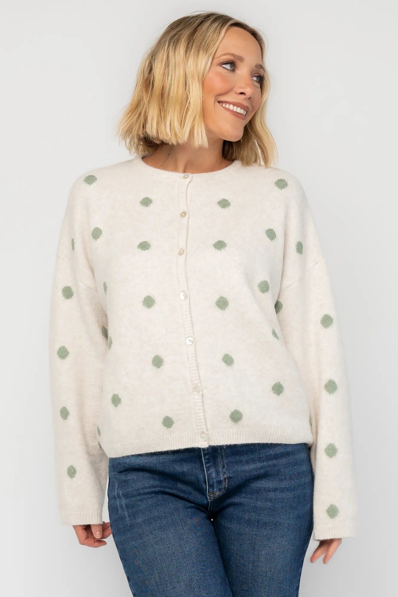 Cinder Cardigan | Ivory + Sage Dot Secondary image