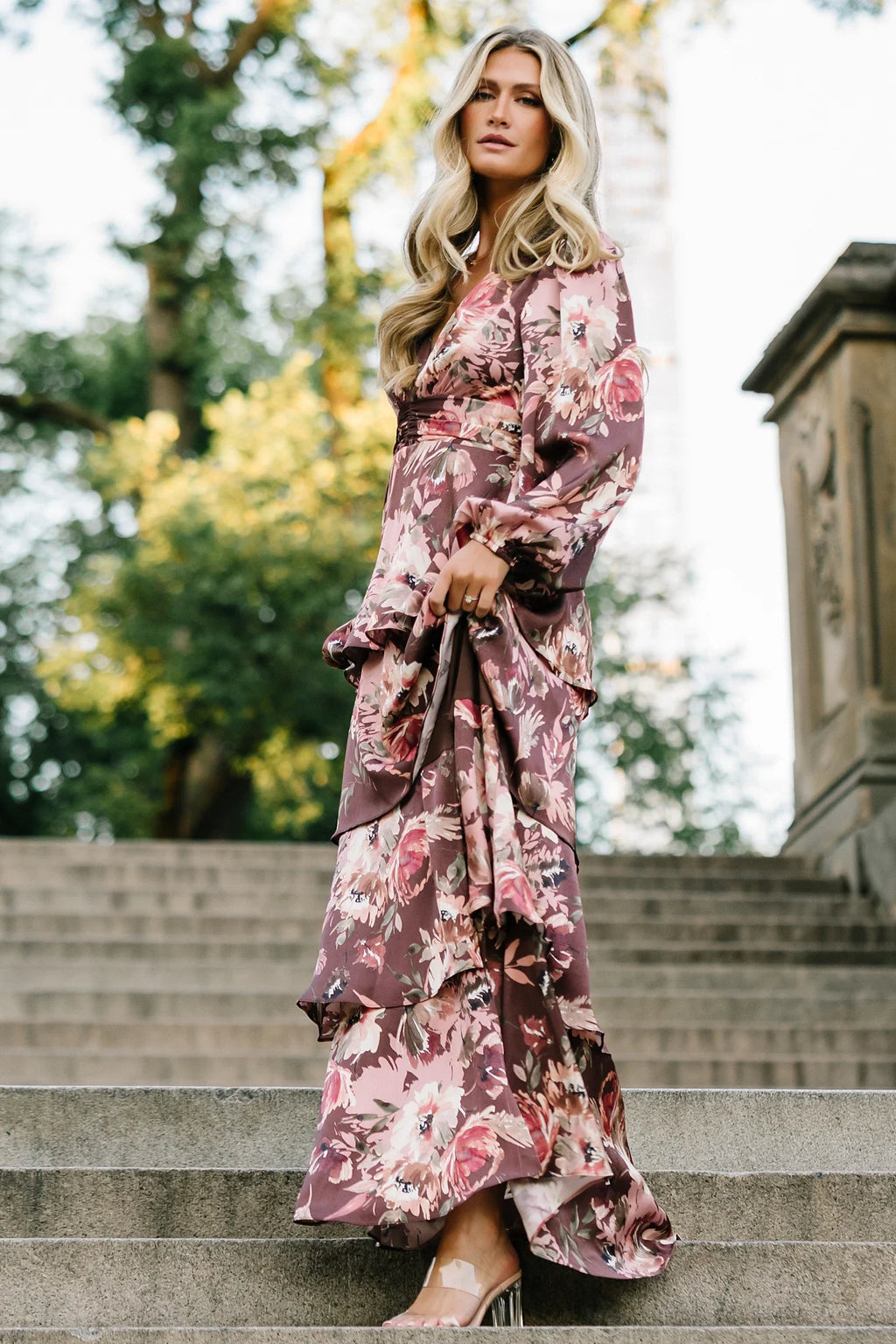 Montrouge Tiered Satin Dress | Clove + Mauve Floral