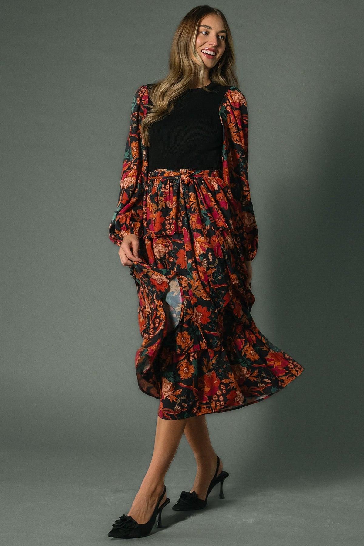 Sylvie Tiered Midi Dress | Black Multi