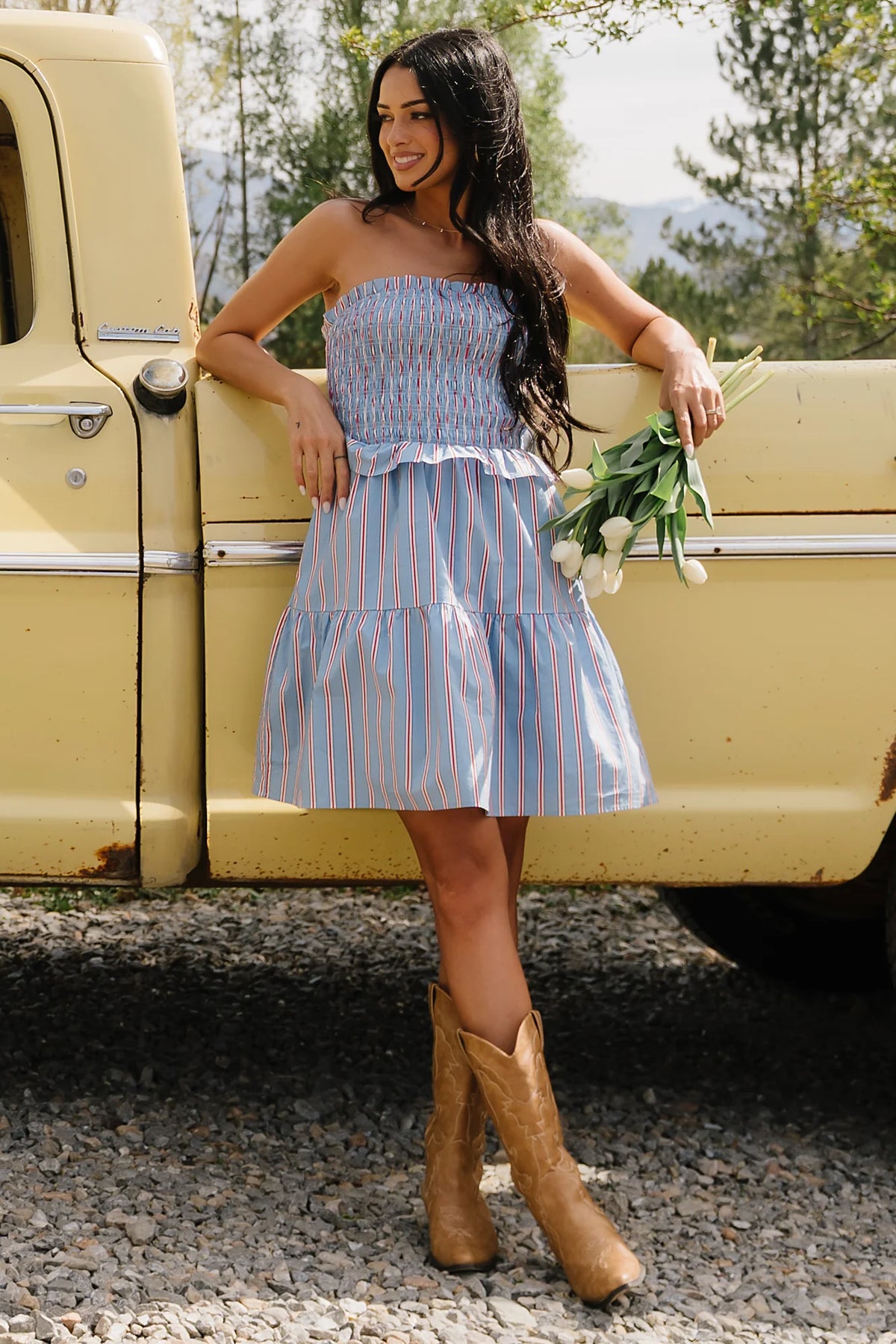 Madelyn Strapless Short Dress | Light Blue Stripe Main image