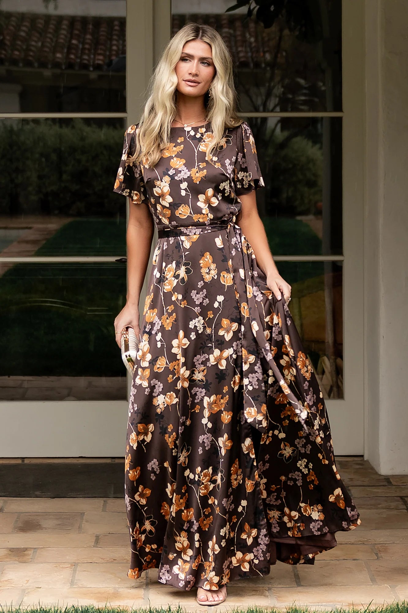 Agnes Satin Maxi Dress | Brown Floral Secondary image