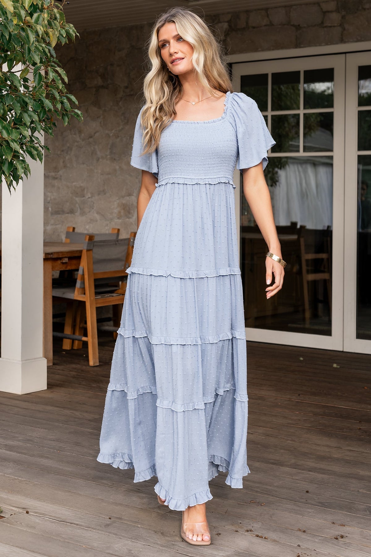 Lenora Smocked Dotted Maxi Dress | Dusty Blue Main image