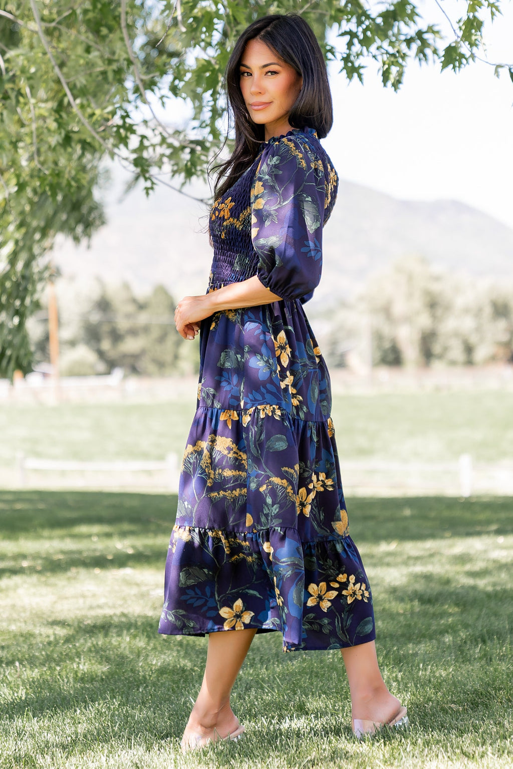 Lena Tiered Midi Dress | Navy + Gold Floral