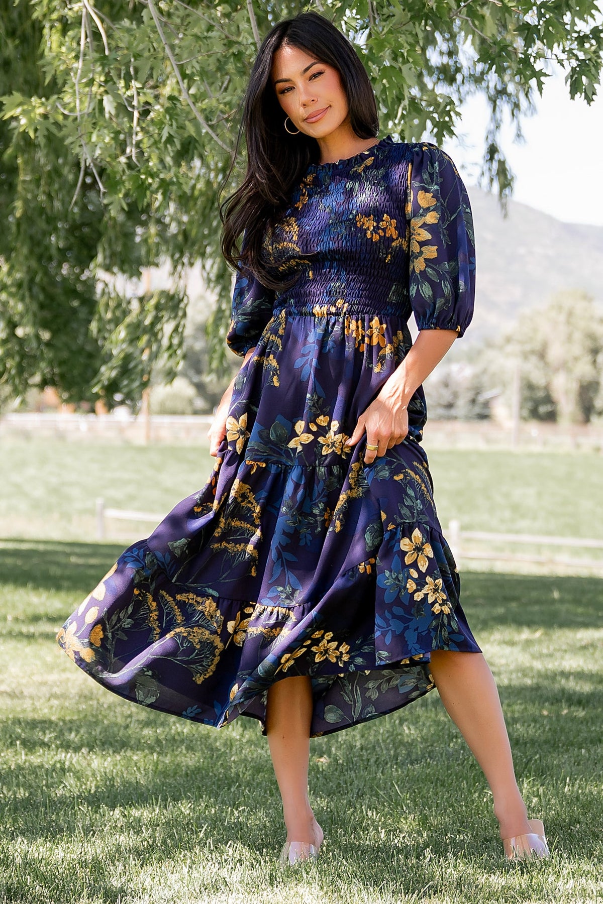 Lena Tiered Midi Dress | Navy + Gold Floral Main image