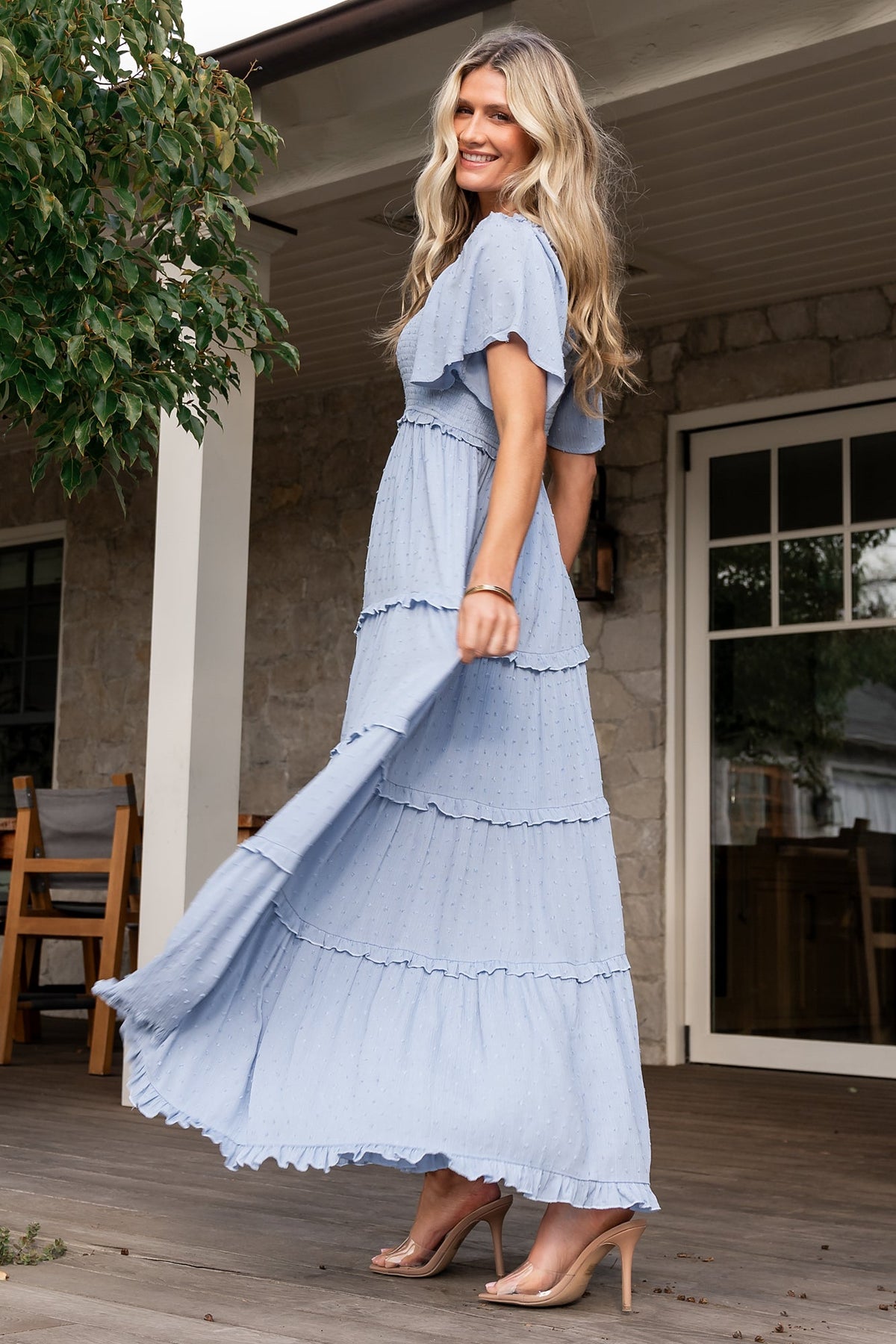 Lenora Smocked Dotted Maxi Dress | Dusty Blue