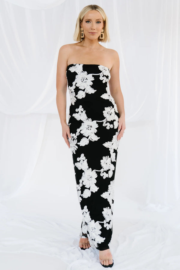 Chantelle Strapless Maxi Dress | Black + White Floral