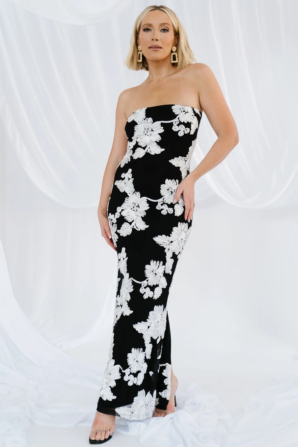 Chantelle Strapless Maxi Dress | Black + White Floral