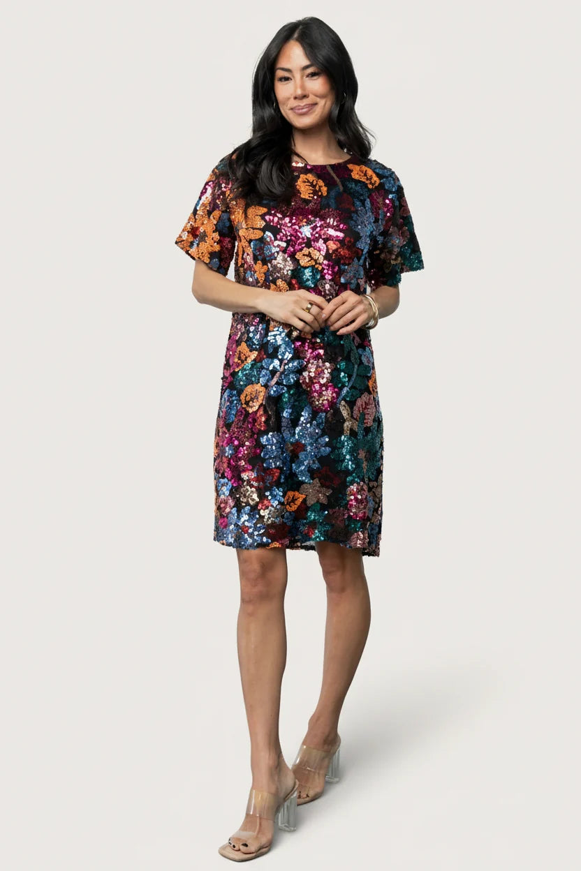 Squires Sequin Short Dress | Black Multi Main image