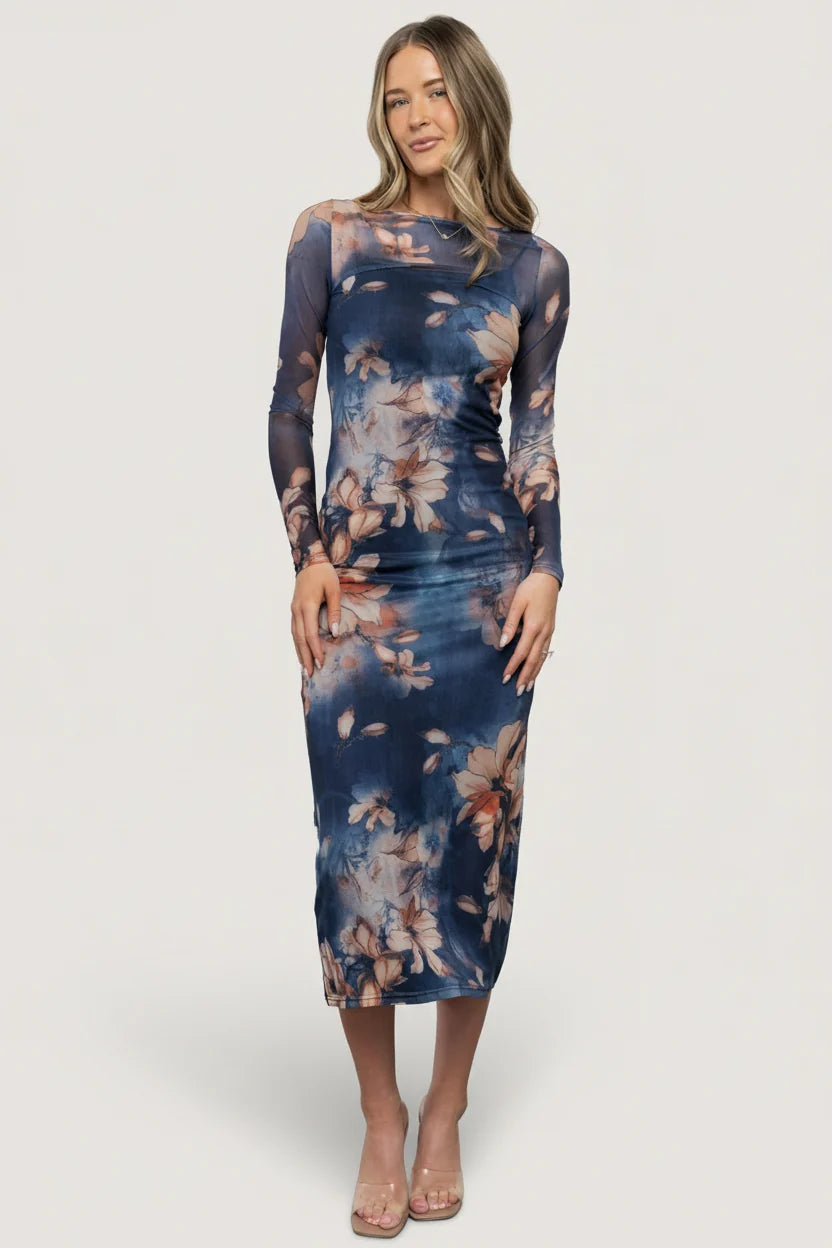 Darya Mesh Midi Dress | Navy Floral