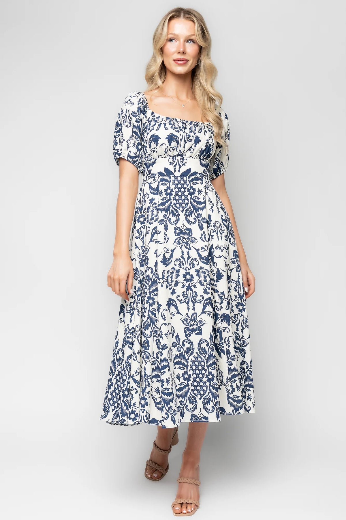 Charlotte Midi Dress | Ivory + Dark Blue