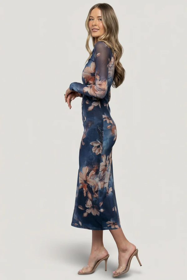 Darya Mesh Midi Dress | Navy Floral