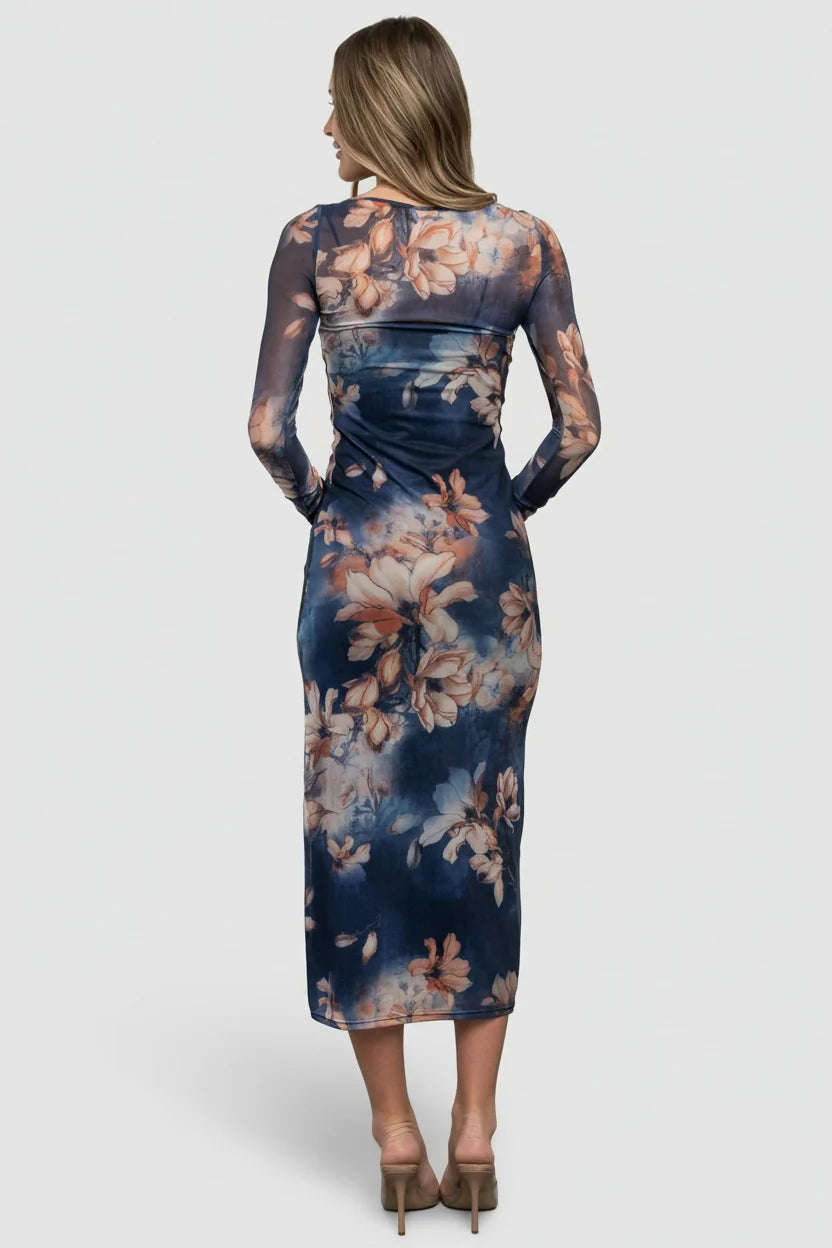 Darya Mesh Midi Dress | Navy Floral