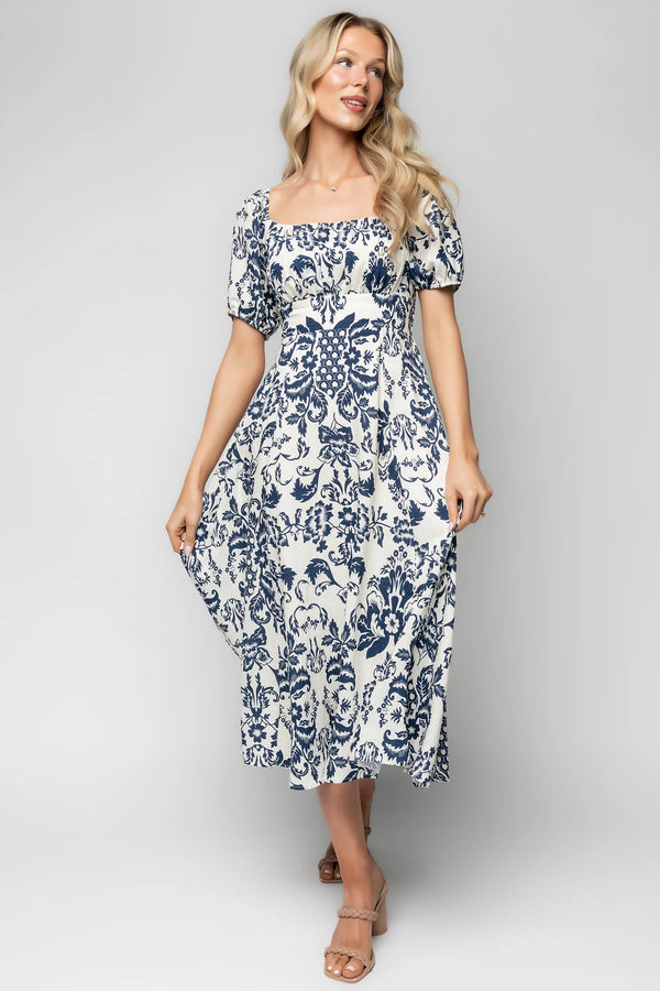Charlotte Midi Dress | Ivory + Dark Blue