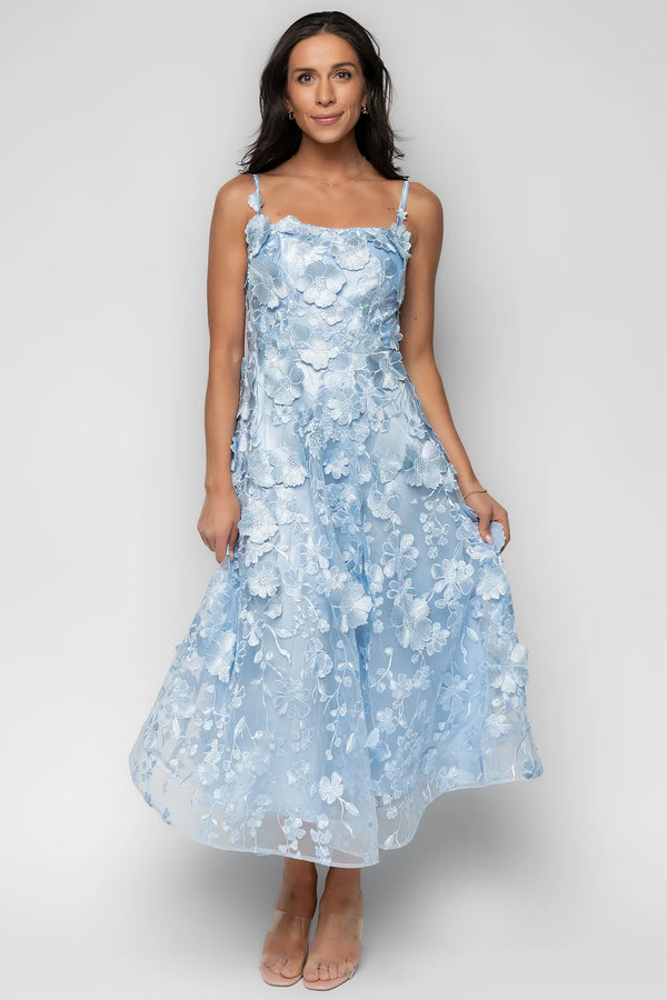 Soleil Floral Applique Midi Dress | Light Blue