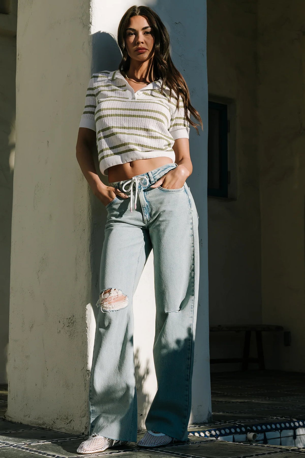 Bahía Knit Stripe Top | Sage + Off White