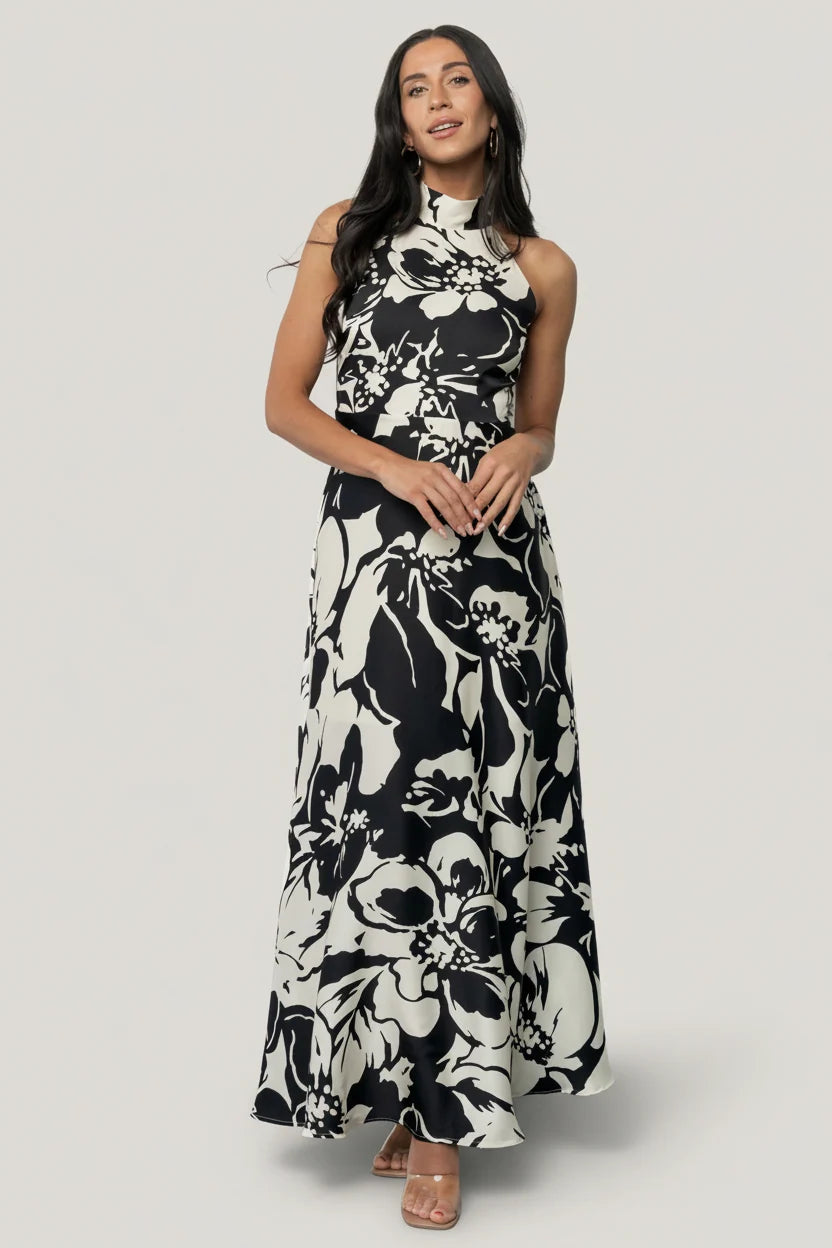 Melodía Halter Maxi Dress | Black + White Floral