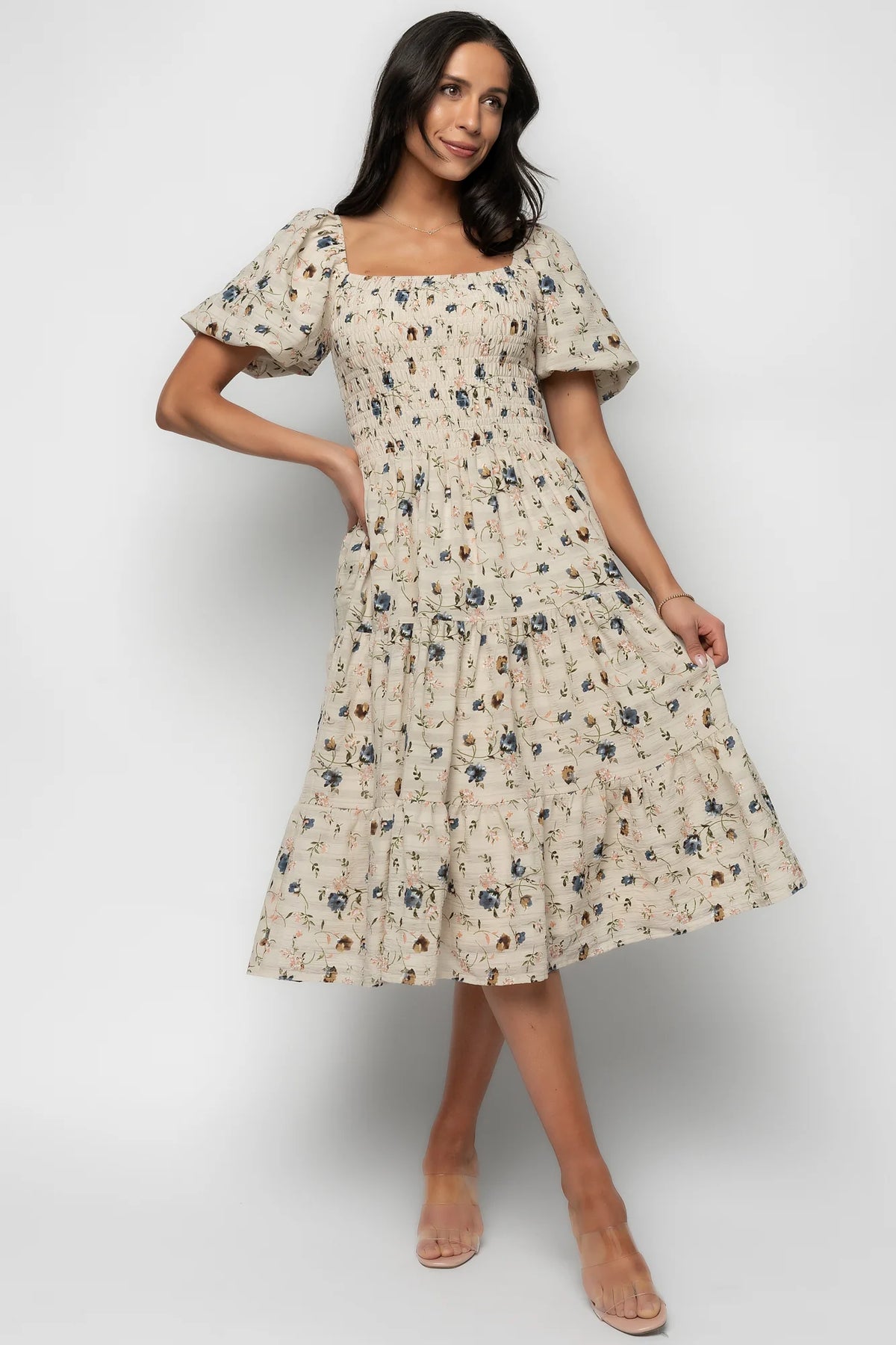 Mattea Smocked Midi Dress | Beige Floral Main image