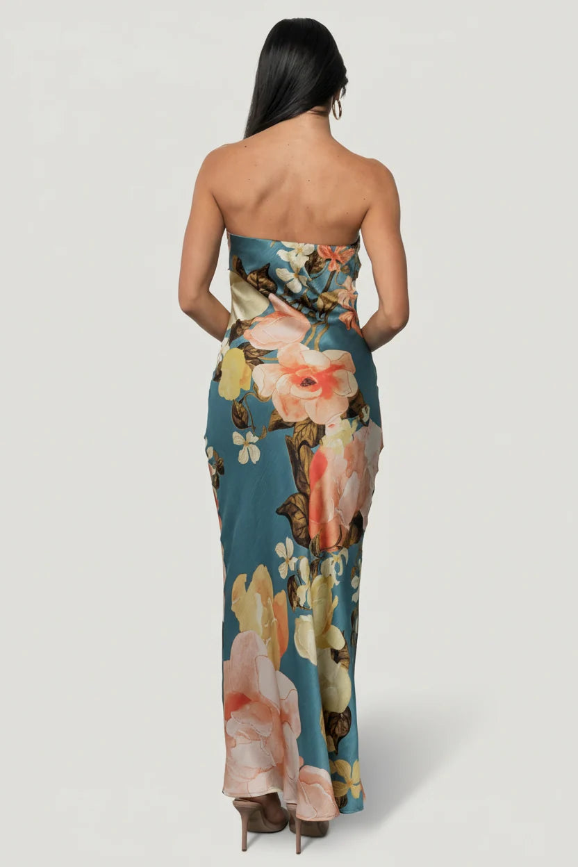 Hermosa Strapless Maxi Dress | Teal Multi Floral