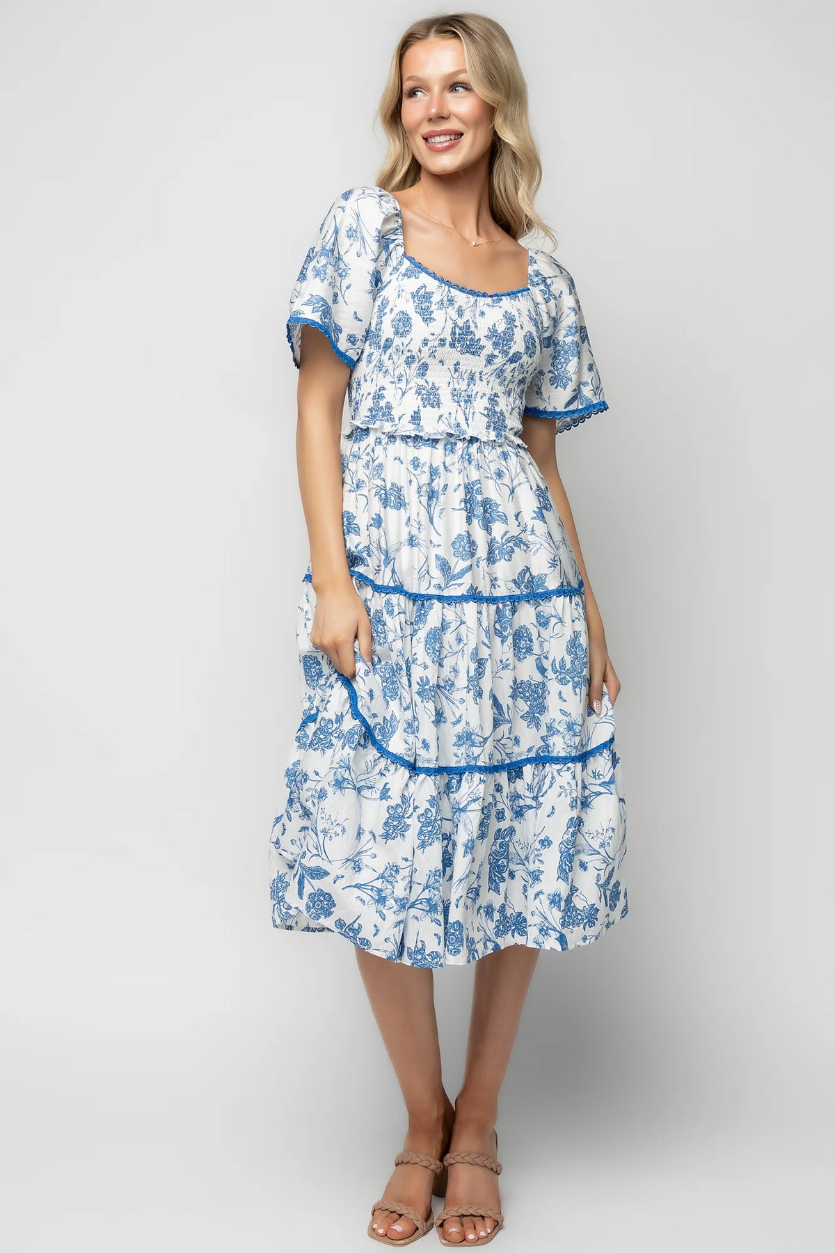 Freya Tiered Midi Dress | White + Blue Main image