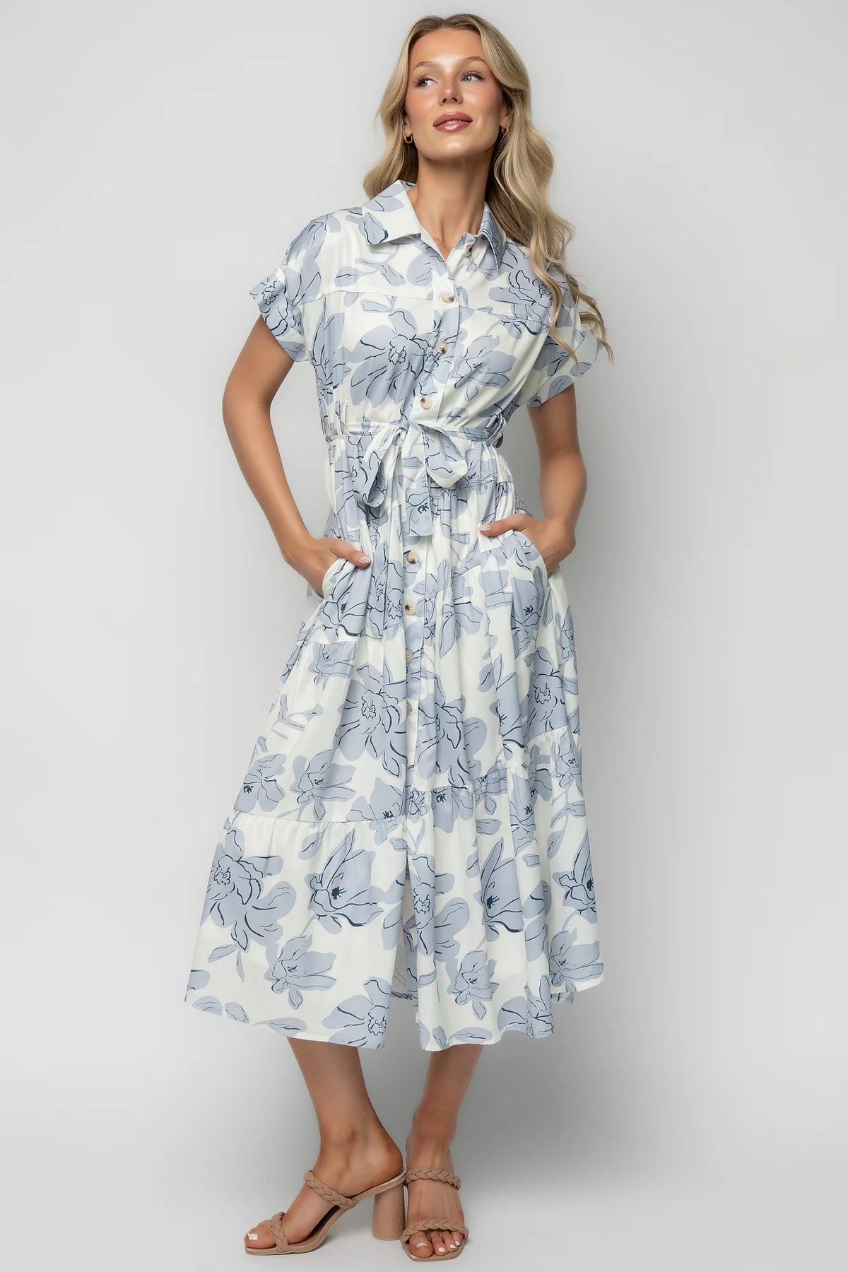 Claire Button Up Midi Dress | Ivory + Blue Floral Main image