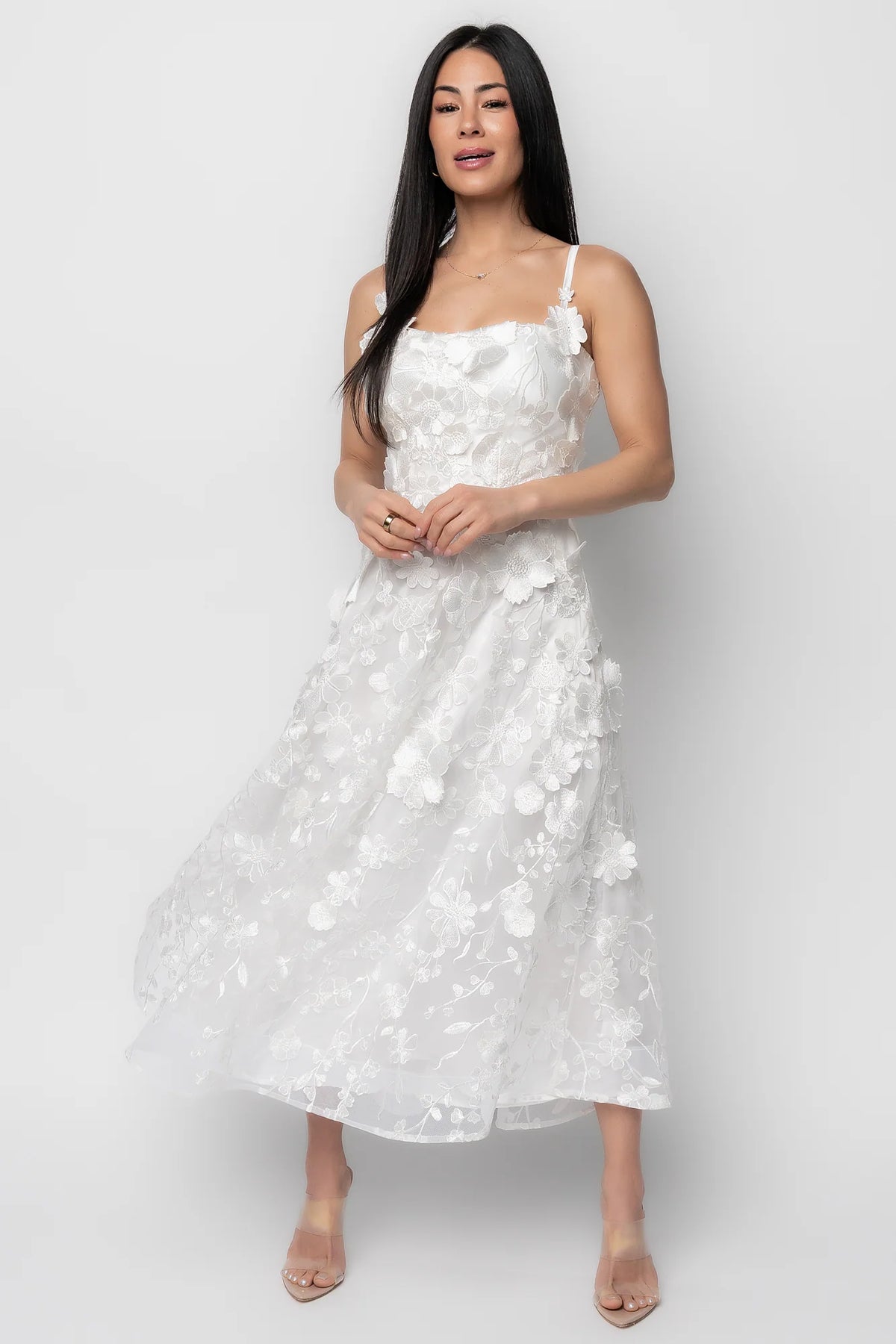 Soleil Floral Applique Midi Dress | Ivory