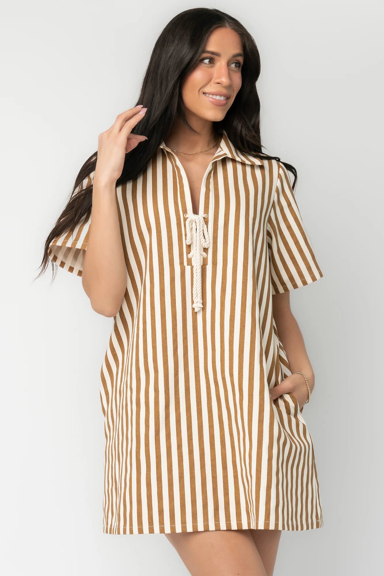 Kyler Striped Short Dress | Camel + Ivory Secondary image