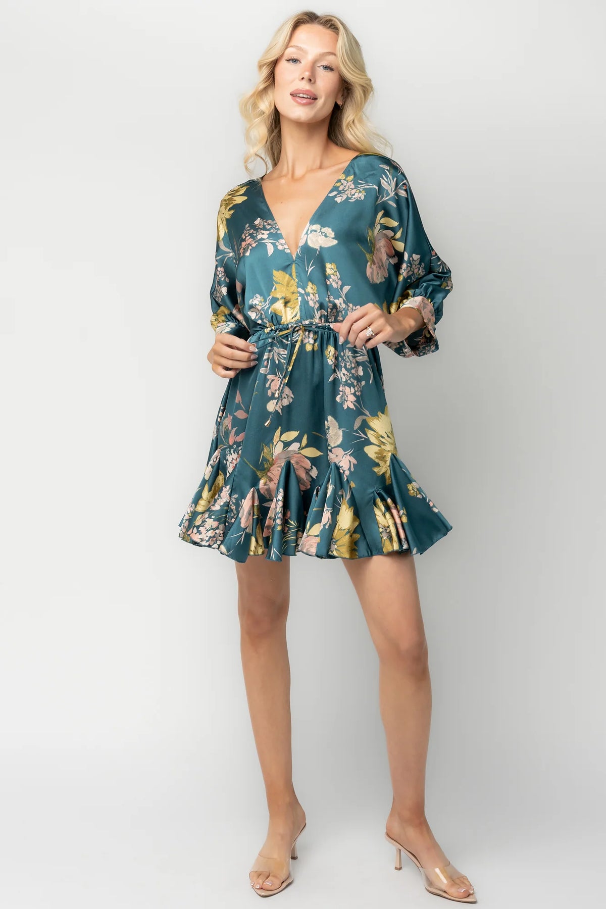 Desiree Satin Short Dress | Teal Floral Main image