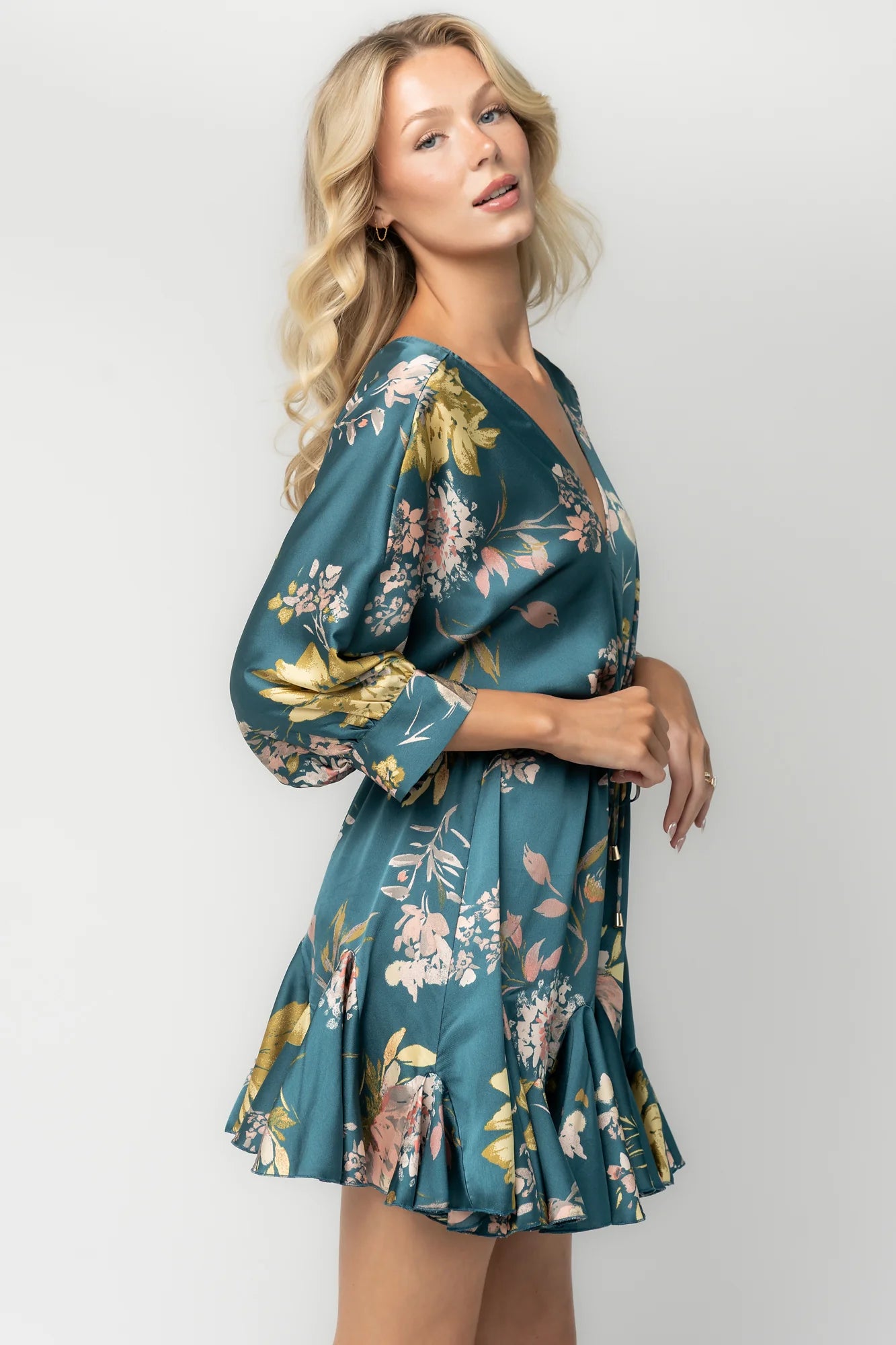 Desiree Satin Short Dress | Teal Floral Secondary image