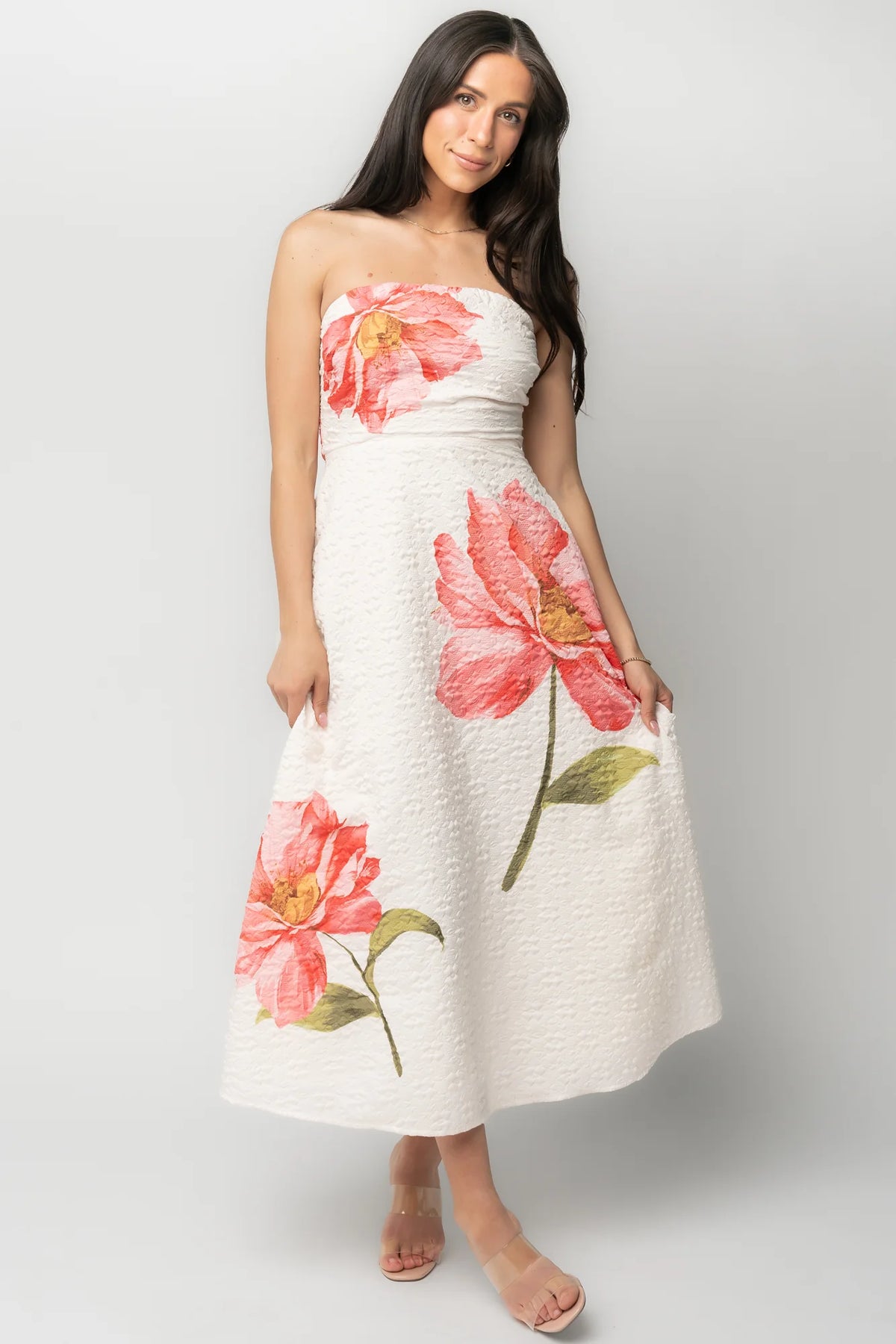 Genesis Strapless Midi Dress | White + Pink Floral Main image