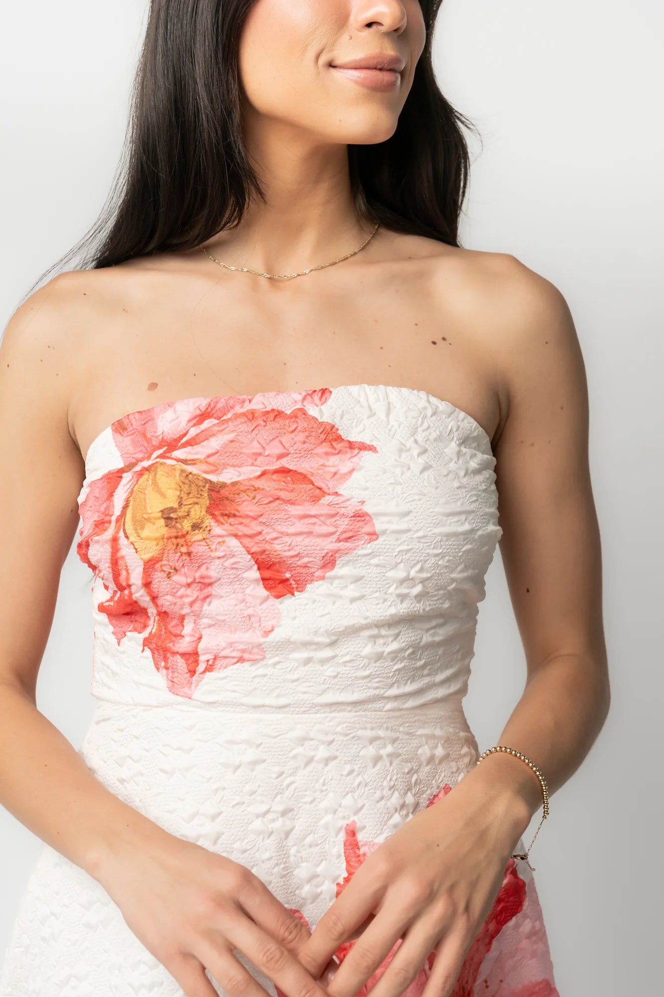 Genesis Strapless Midi Dress | White + Pink Floral Secondary image