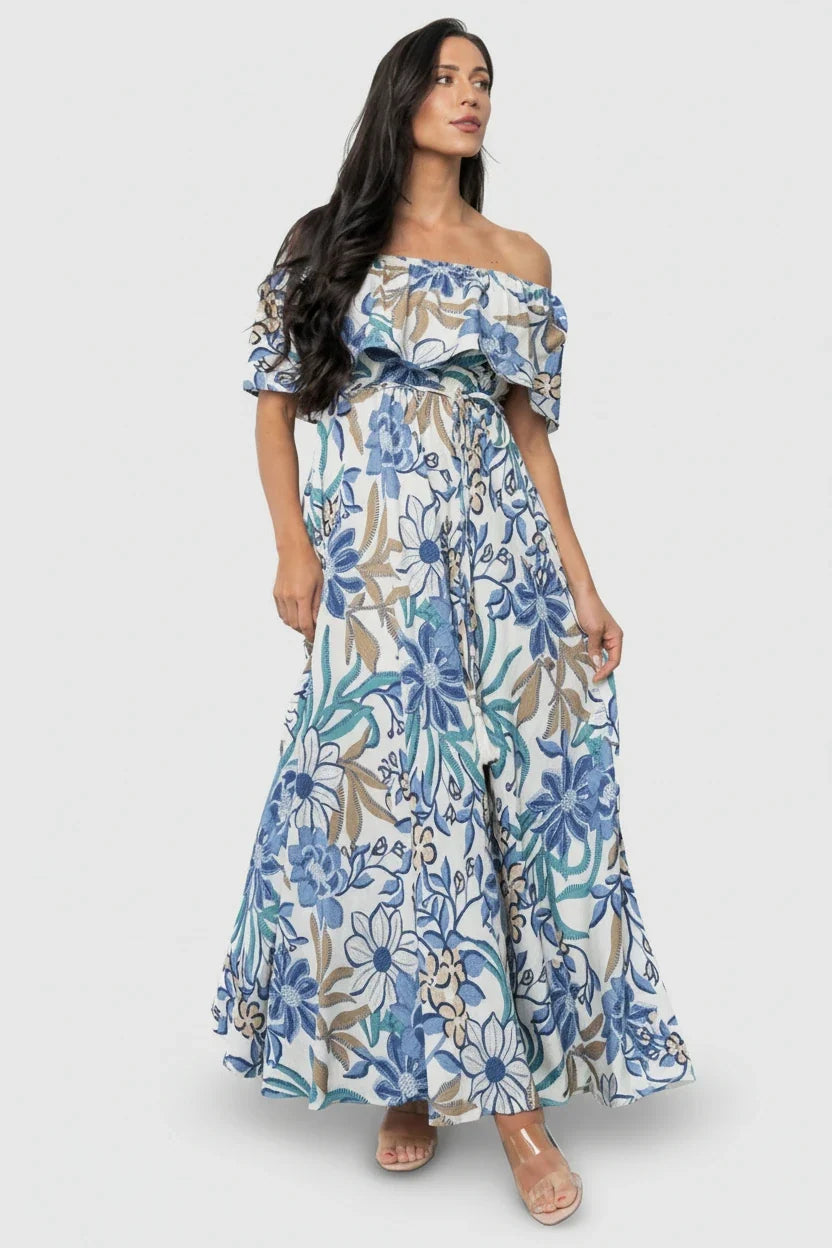 Valentina Off Shoulder Maxi Dress | Cream + Blue Multi Main image