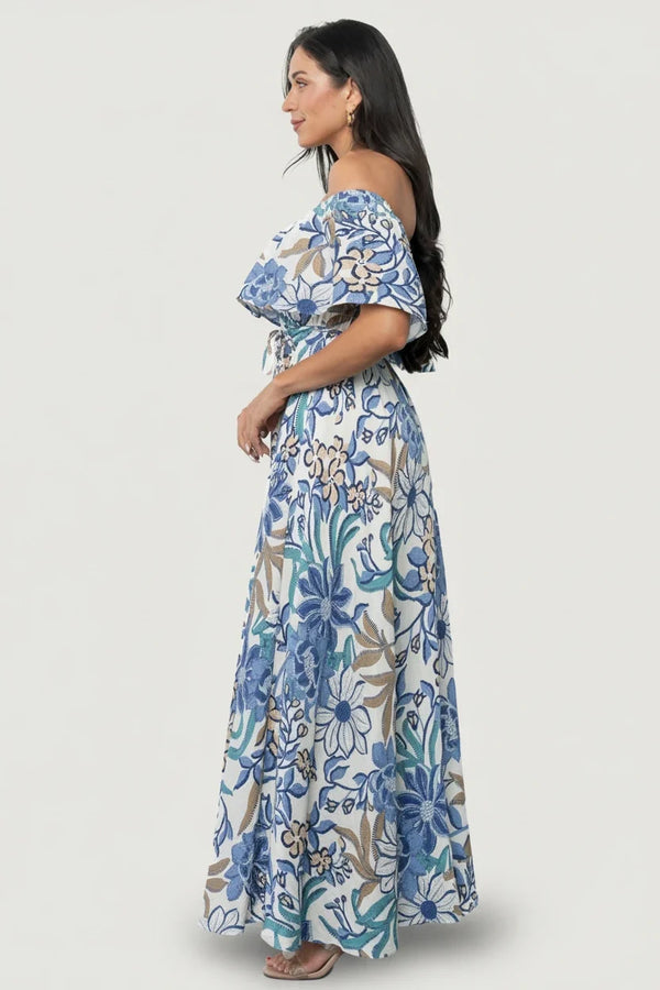 Valentina Off Shoulder Maxi Dress | Cream + Blue Multi