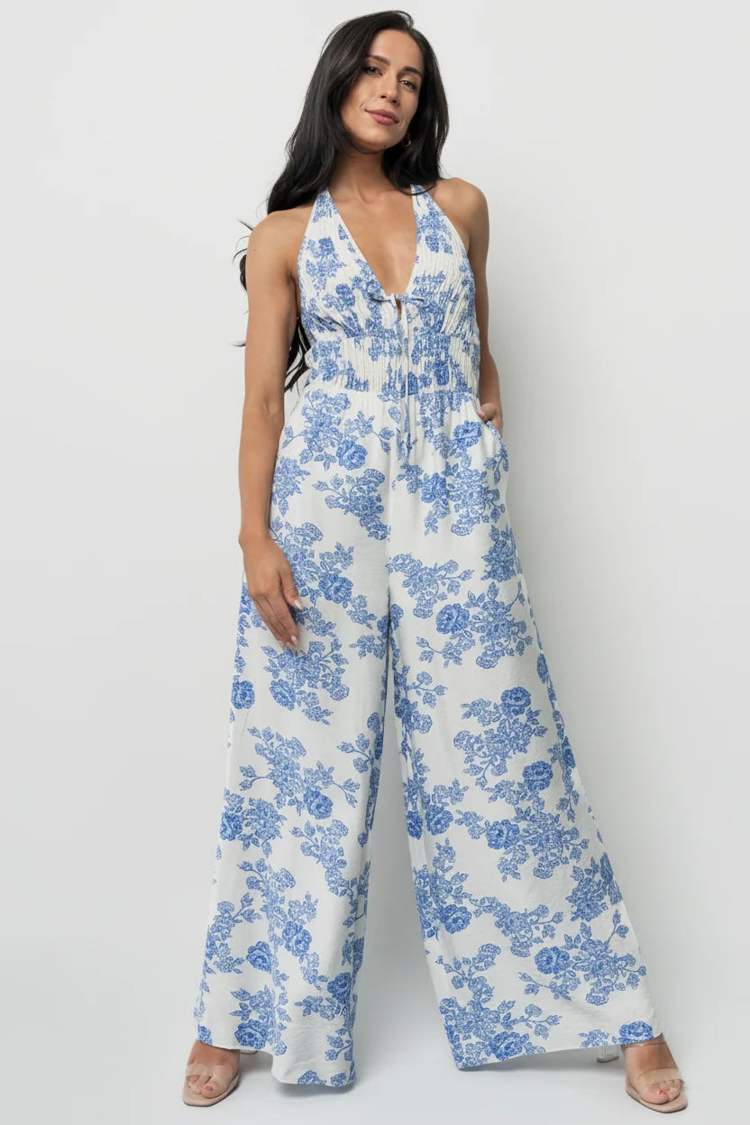 Promesa Halter Jumpsuit | Blue Floral