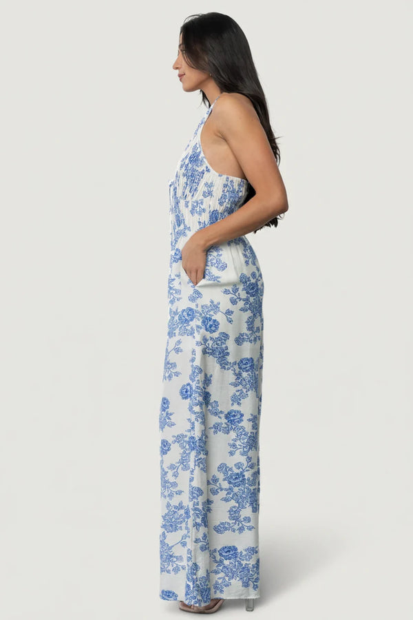 Promesa Halter Jumpsuit | Blue Floral