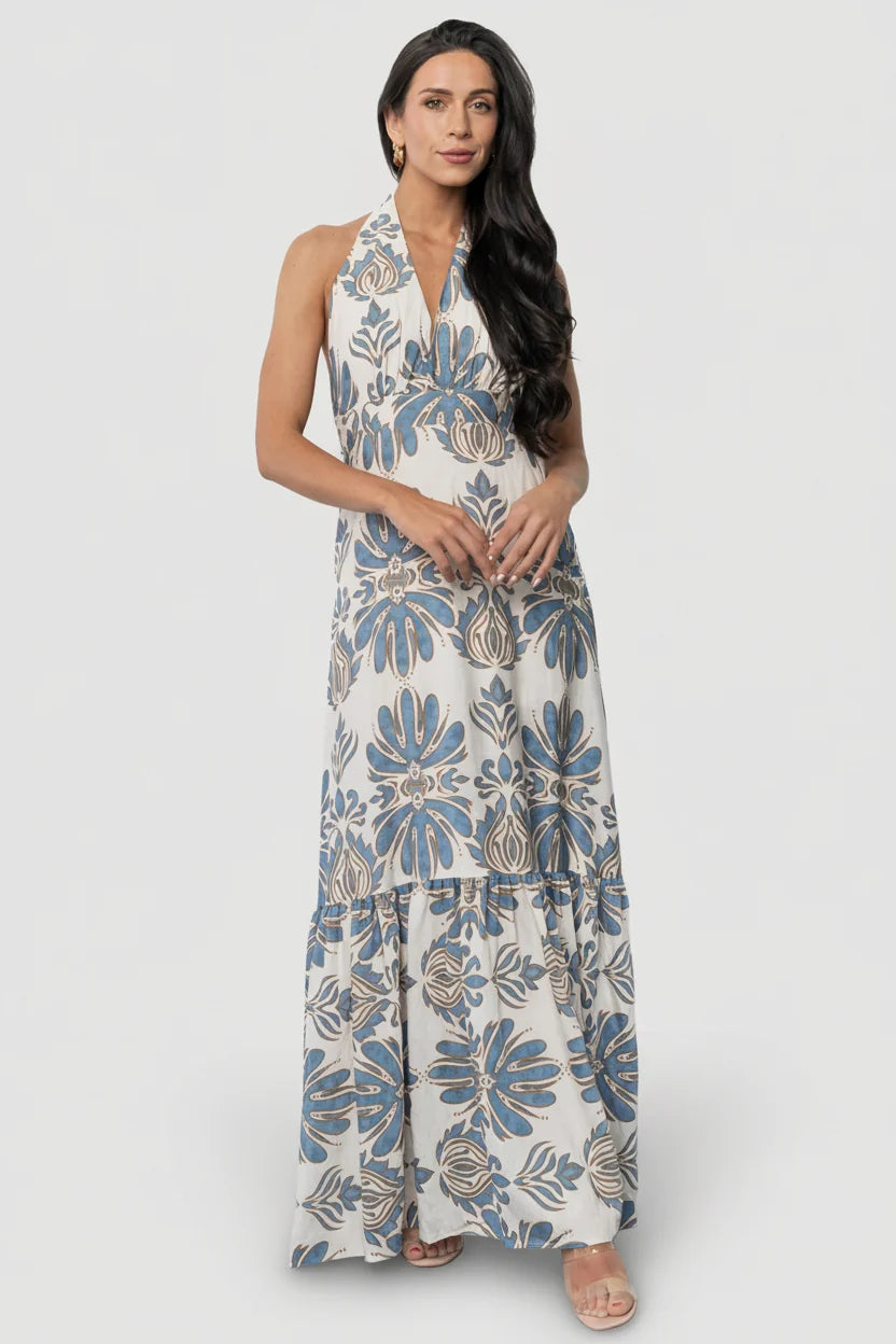 Estrella Halter Maxi Dress | Navy + Tan Main image