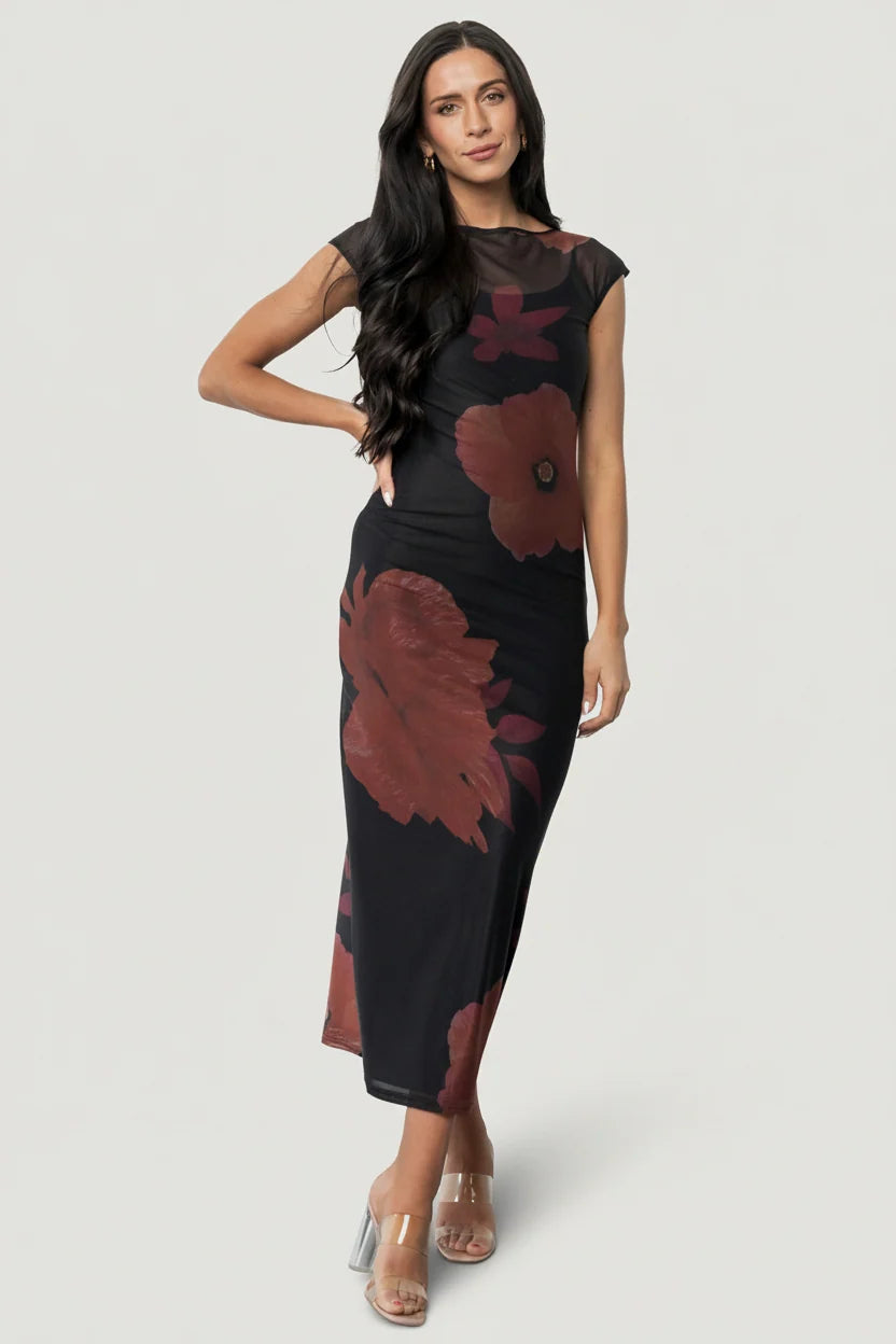 Daniela Mesh Midi Dress | Black Floral Main image