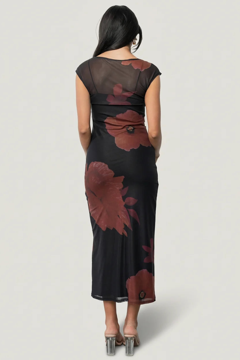Daniela Mesh Midi Dress | Black Floral