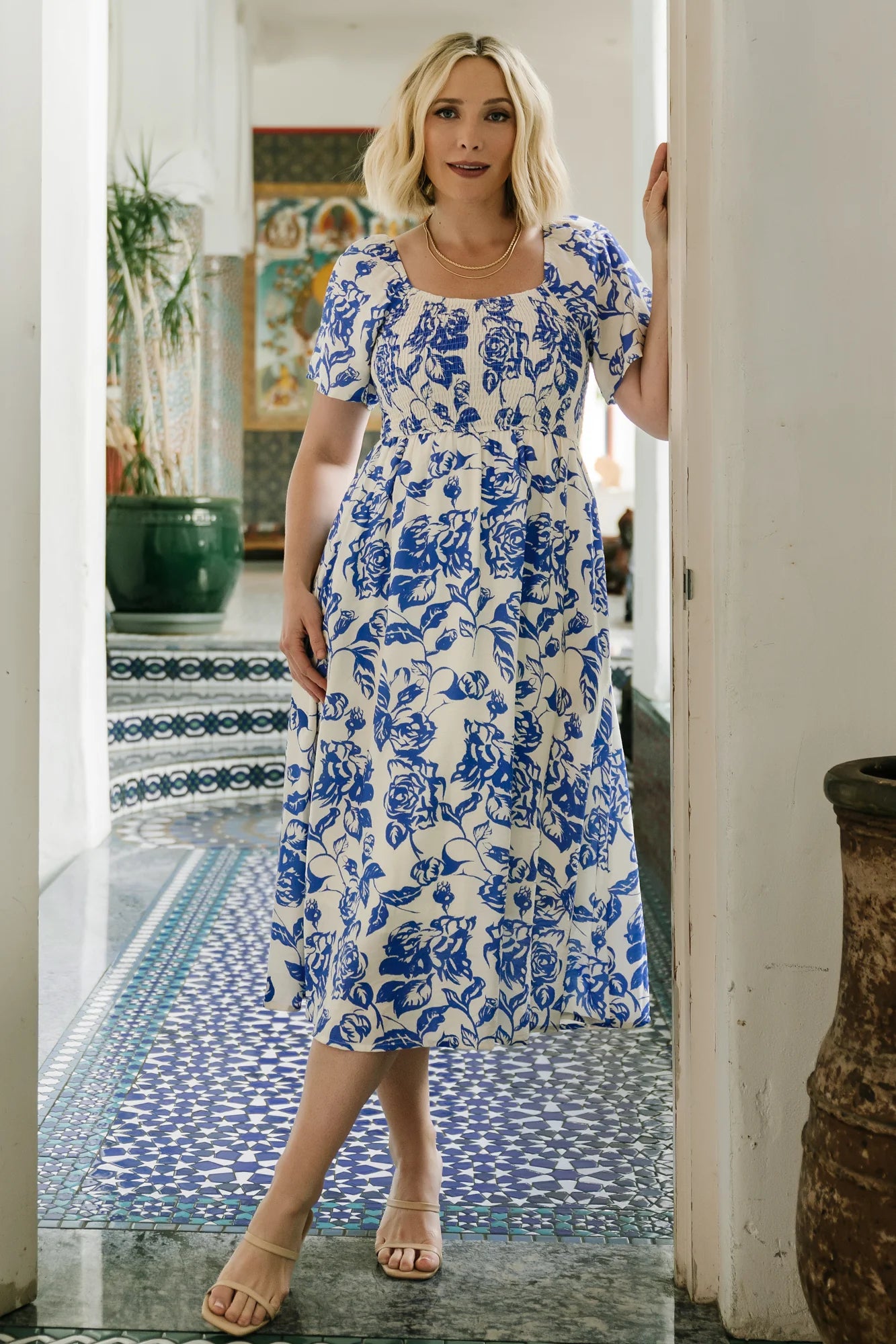 Dolores Smocked Midi Dress | Ivory + Blue Floral Secondary image