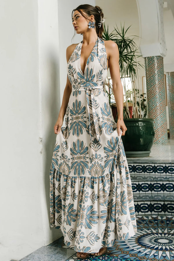 Estrella Halter Maxi Dress | Navy + Tan