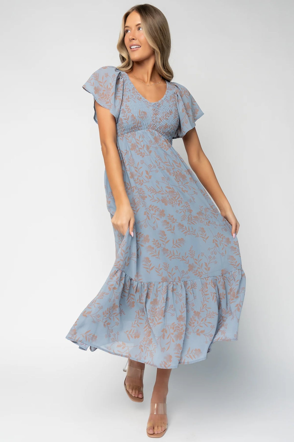Monica Smocked Dress | Dusty Blue + Terracotta Main image