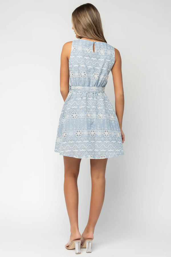 Celestia Eyelet Short Dress | Blue + Ivory