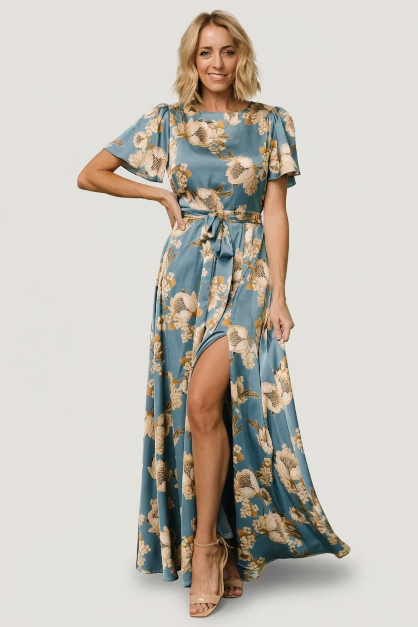 Agnes Satin Maxi Dress | Blue + Gold Main image
