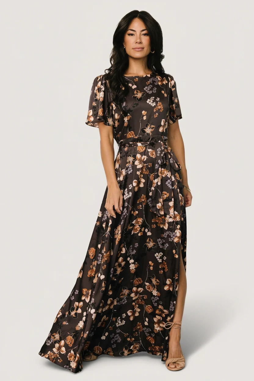 Agnes Satin Maxi Dress | Brown Floral Main image