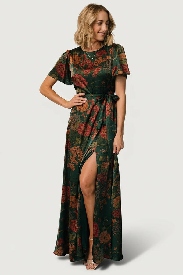 Agnes Satin Maxi Dress | Dark Green Floral