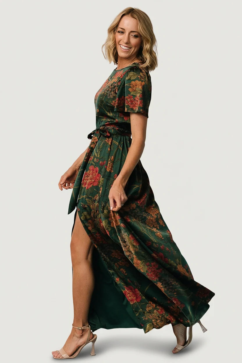 Agnes Satin Maxi Dress | Dark Green Floral
